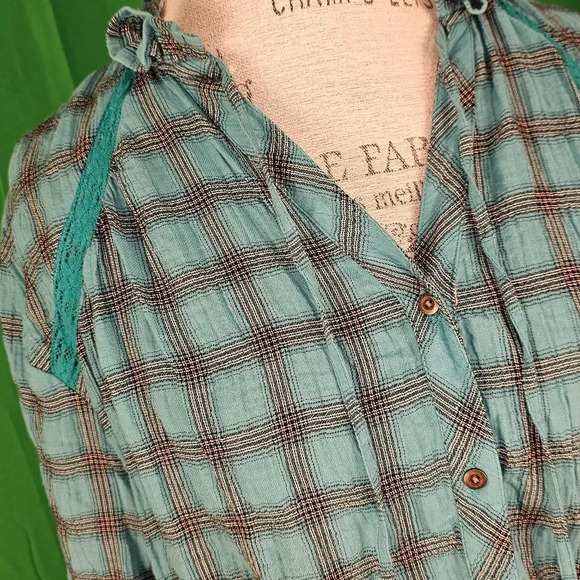Sundance Womens‎ Turquoise Plaid Heather Highland Blouse PS Petite Small - Picture 3 of 5